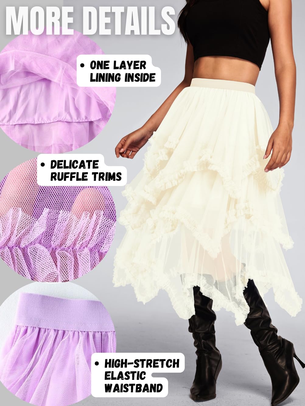 Kaei&Shi Long Tulle Skirt,High Waisted Asymmetrical Ruffle Skirts for Women,Renaissance Fairy Costume Concert Birthday Party Beige One Size