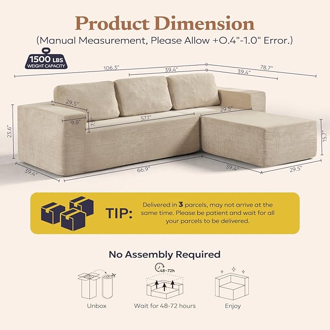 Furnify 106" Cloud Sectional Couch, Left/Right Facing Convertible Sofa with Deep Seat, L-Shape Modular Upholstered Foam Couch for Living Room Bedroom, No Assembly Required (Corduroy Fabric, Beige)