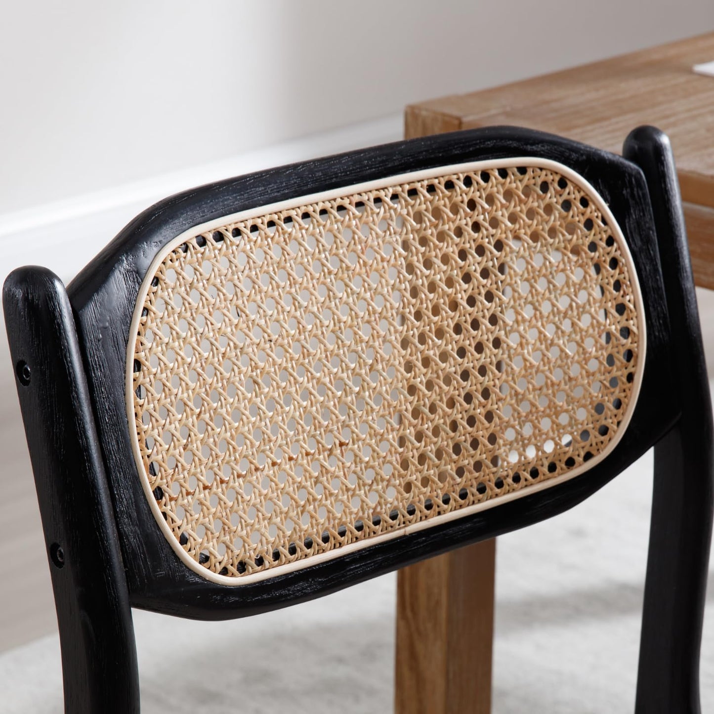 CIMOTA Mid Century Modern Dining Chairs Set of 4 Rattan Farmhouse Dining Room Chairs with Cane Back/Black Wood Frame Upholstered Linen Wooden Kitchen Chairs for Dining Room/Restaurant, Beige