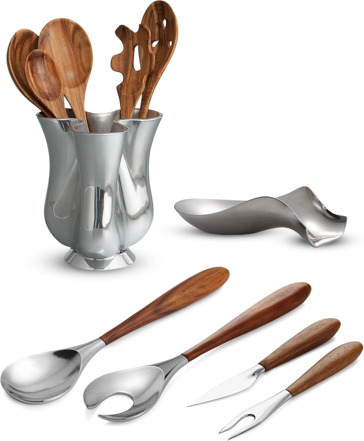 nambe Curvo Serving Spoon | 13 Inch Serving Spoon for Buffets, Salads, and Dinner Parties | Made of Stainless Steel and Acacia Wood | Designed by Steve Cozzolino
