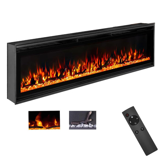 70 Inch Wall Fireplace Electric with Remote Control, Recessed and Wall Mounted Electric Fireplace, with Timer, Touch Screen, Adjustable Flame Color, 750-1500W, Log & Crystal Included
