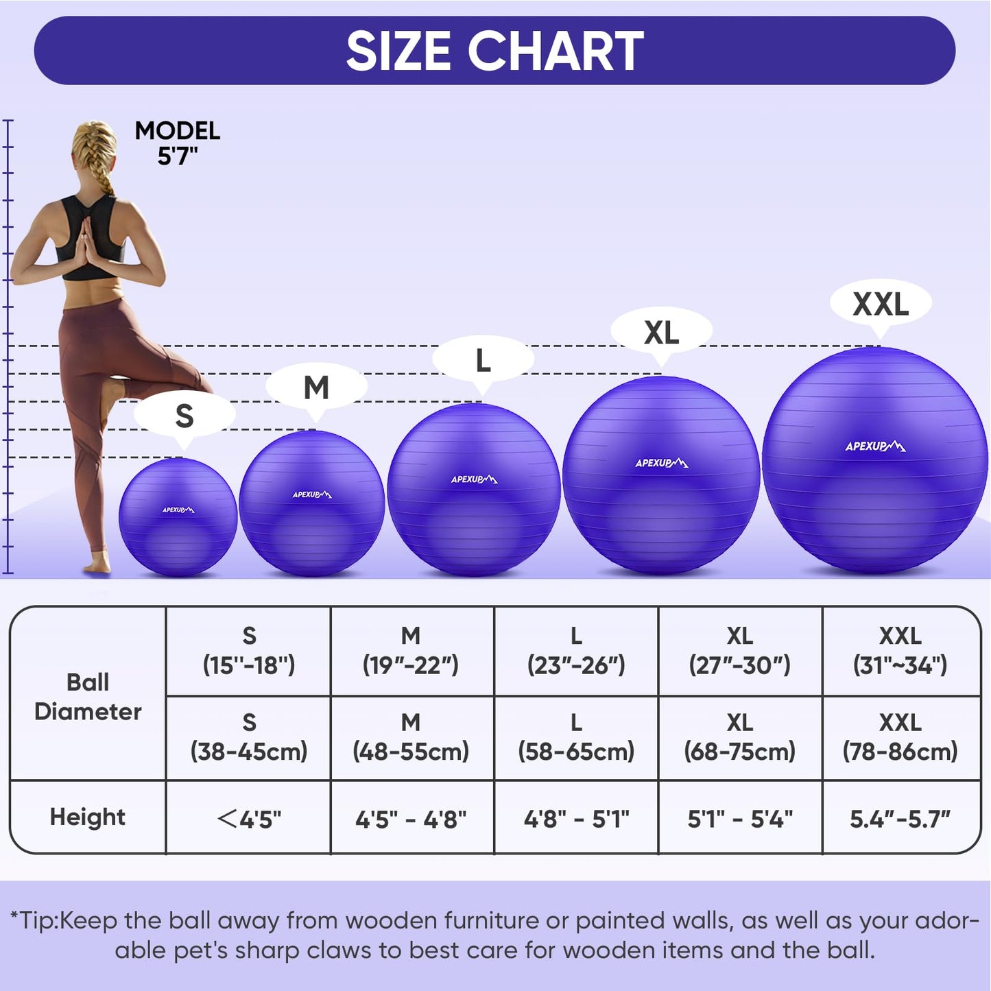 APEXUP Yoga Ball Exercise Ball, Anti Slip Stability Ball Chair, Heavy Duty Large Gym Ball for Fitness, Balance, Core Workout and Physical Therapy (S (15"~18") 45cm, Indigo)
