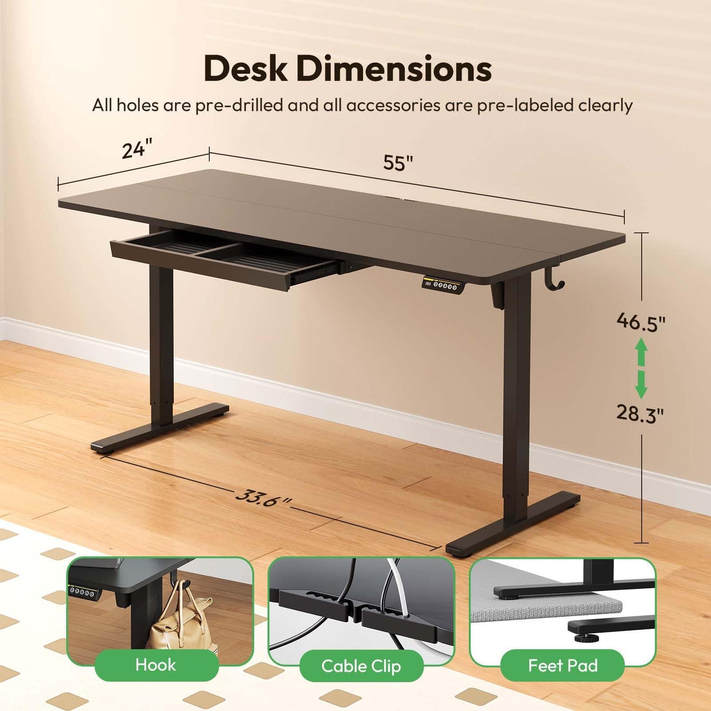 Gamork Electric Standing Desk with Drawers,55x24 inches Height Adjustable Sit-Stand Desk with Storage Shelf,3 Preset Heights,Equipped with Hooks,Ergonomic Gaming Table for Home and Study，Black