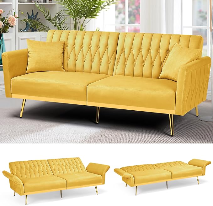 ACMEASE 70” Velvet Futon Sofa Bed w/Adjustable Armrests & 2 Pillows, Convertible Futon Couch w/Adjustable Backrests, Modern Sleeper Bed for Living Room, Bedroom, Yellow