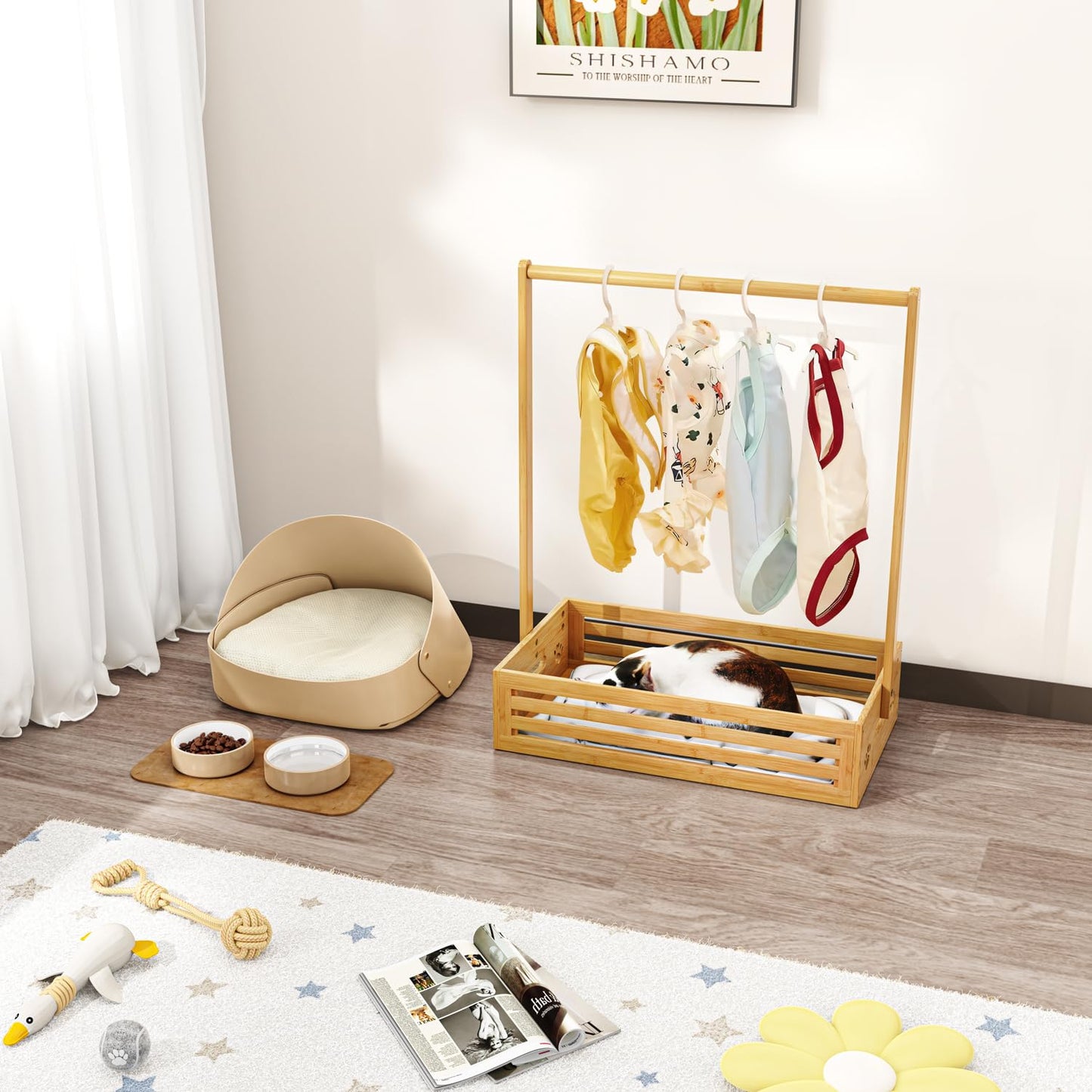 BAMBOOHOMIE Baby Clothing Rack for Toddler, Pets Clothes Rack with Storage Box & Adjustable Hanging Rod for Dogs/Cats, Baby Shower Clothes Closet Rack with Handle for Nursery Room, Natural Bamboo
