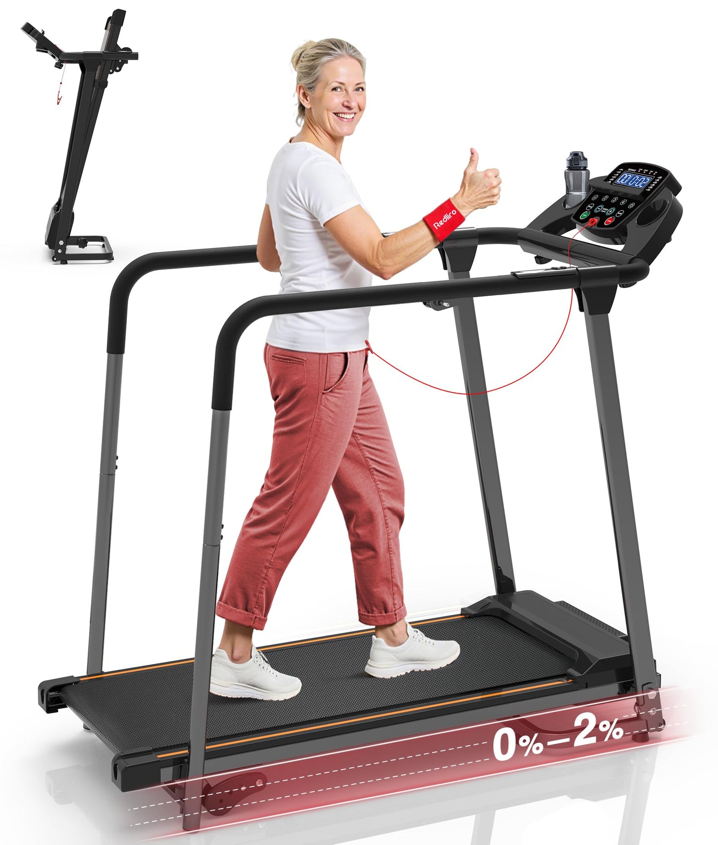 Redliro Treadmill for Seniors with Long Handrails - Foldable Walking Treadmill for Home Small, 300 lbs Capacity, 0-2% Incline, Auto Lube, Mute & Quick Speed Button, Elder Recovery, Cup & Phone Holder