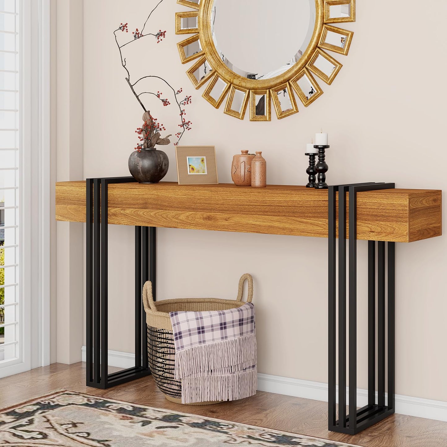 knoworld 63 Inch Long Console Table, Industrial Sofa Table Behind The Couch Rectangular Entryway Table for Entrance Hallway Living Room, Brown