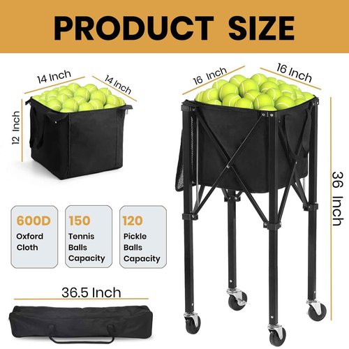 Coolcapis Tennis Ball Hopper Pickleball Removable Waterproof Basket with Carry Bag, Wheel Locks for Tennis Coaches Players Schools Clubs, Tennis Court Equipment/Accessory (165 Balls Capacity)