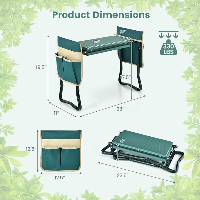 Goplus Garden Kneeler and Seat, Foldable Garden Bench for Kneeling & Sitting, Widened 8" EVA Soft Foam Pad, Heavy-Duty Garden Stool w/ 2 Large Tool Pouches, Gardening Gift for Women Men Seniors