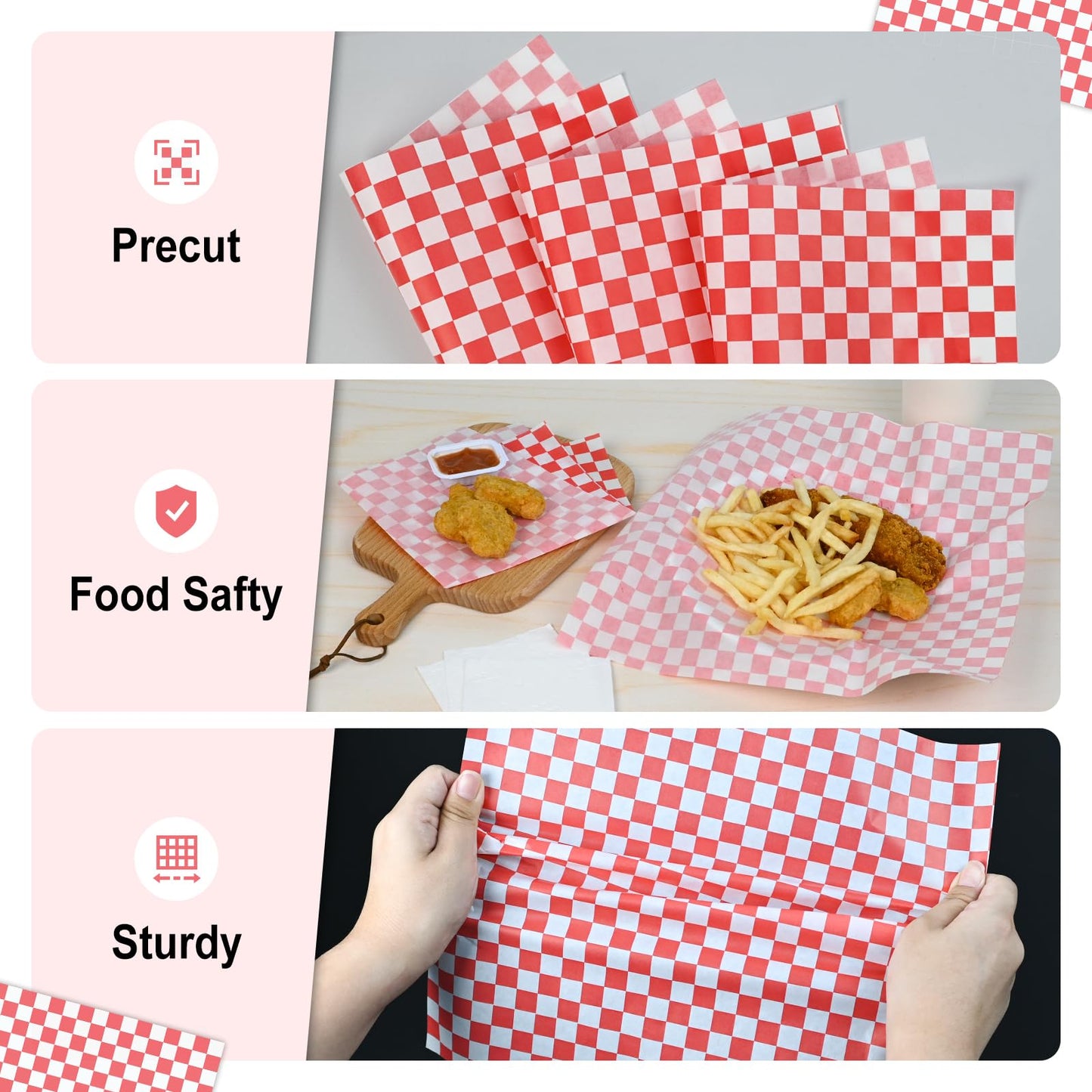 EcoDispose 12 x 12 Inches Grease Proof Deli Paper Precut Sheets for Deli Food, BBQ, Picnic, Party (100 Pcs, Red&White Checker)