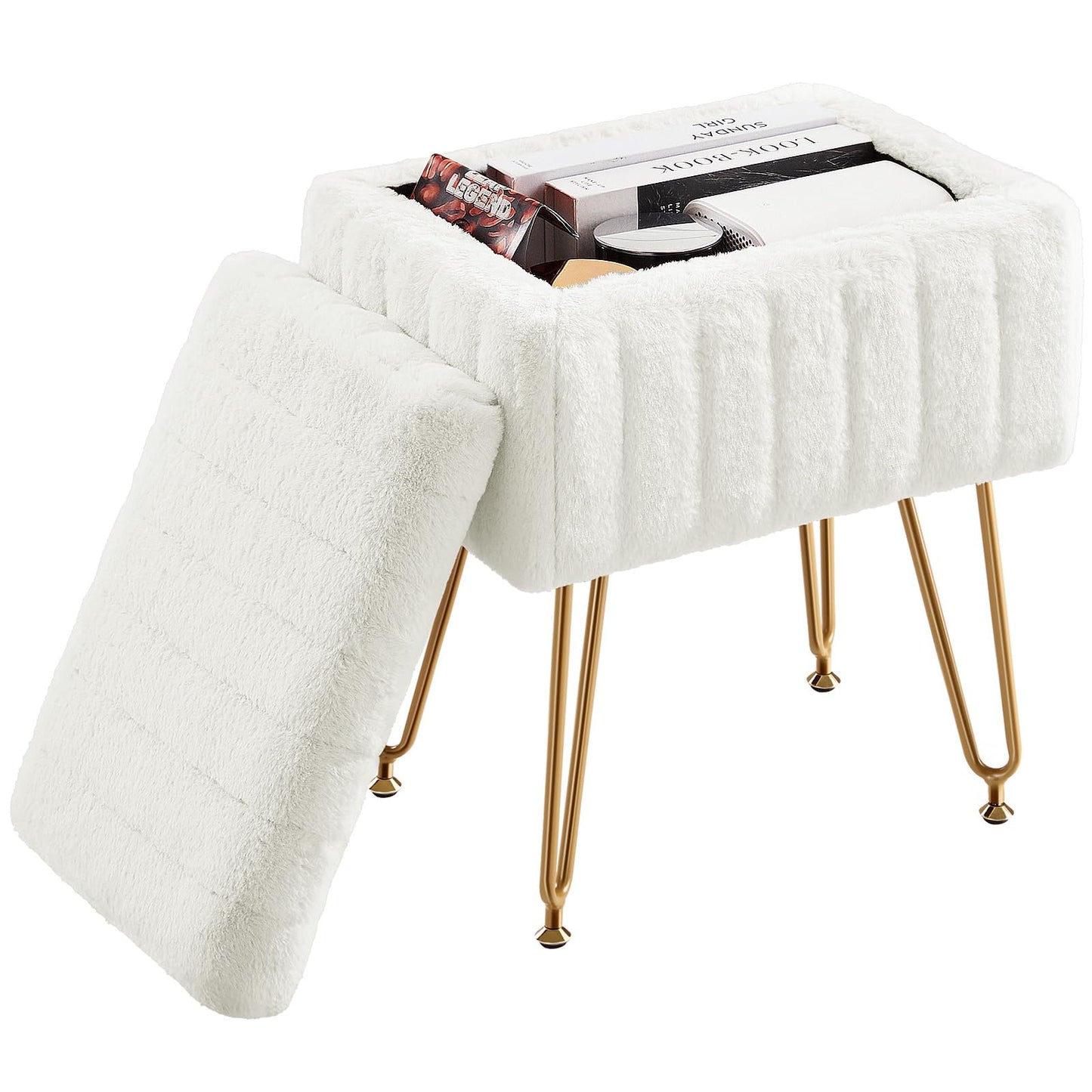 DUMOS Vanity Stool Chair Ottoman with Storage, Makeup Cute Soft Small Footstool Modern Style Faux Fur Seat with 4 Metal Legs & Adjustable Feet for Dressing Living Room Bedroom Dorm