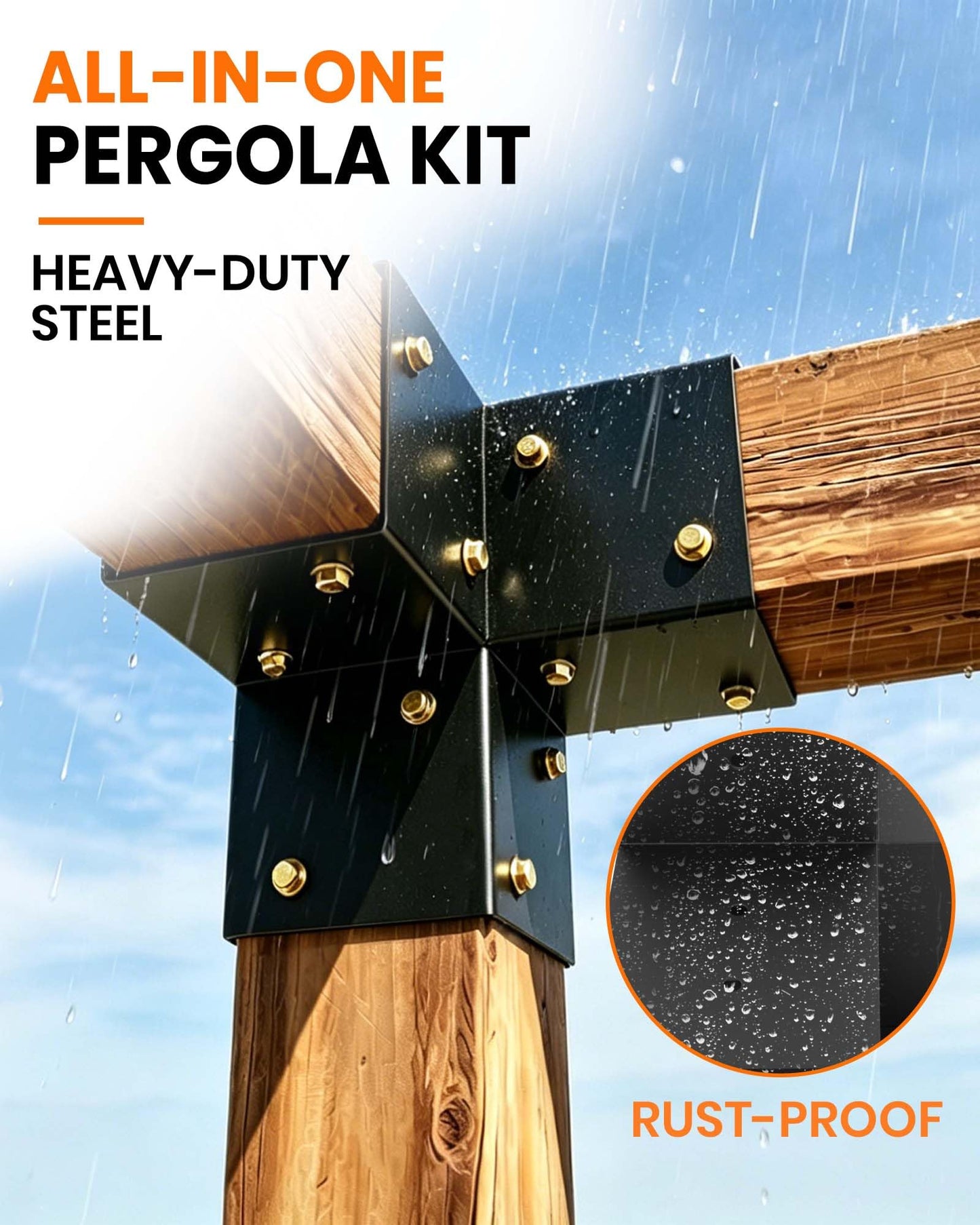 Pergola Bracket Kit 4x4 (Actual 3.6 x 3.6 in), 3-Way Corner & 4-Way Center Brackets with Post Base Set, Heavy Duty 2mm Steel Hardware with Hooks for Patio, Gazebo & Backyard Build