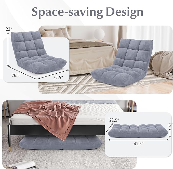 ARLIME Adjustable Floor Chair, 14-Position Lazy Sofa Chair with Back Support & Thick Padding, Portable Foldable Floor Couch for Adults, Kids, Use in Bedroom, Living Room, Home Theater (Grey)