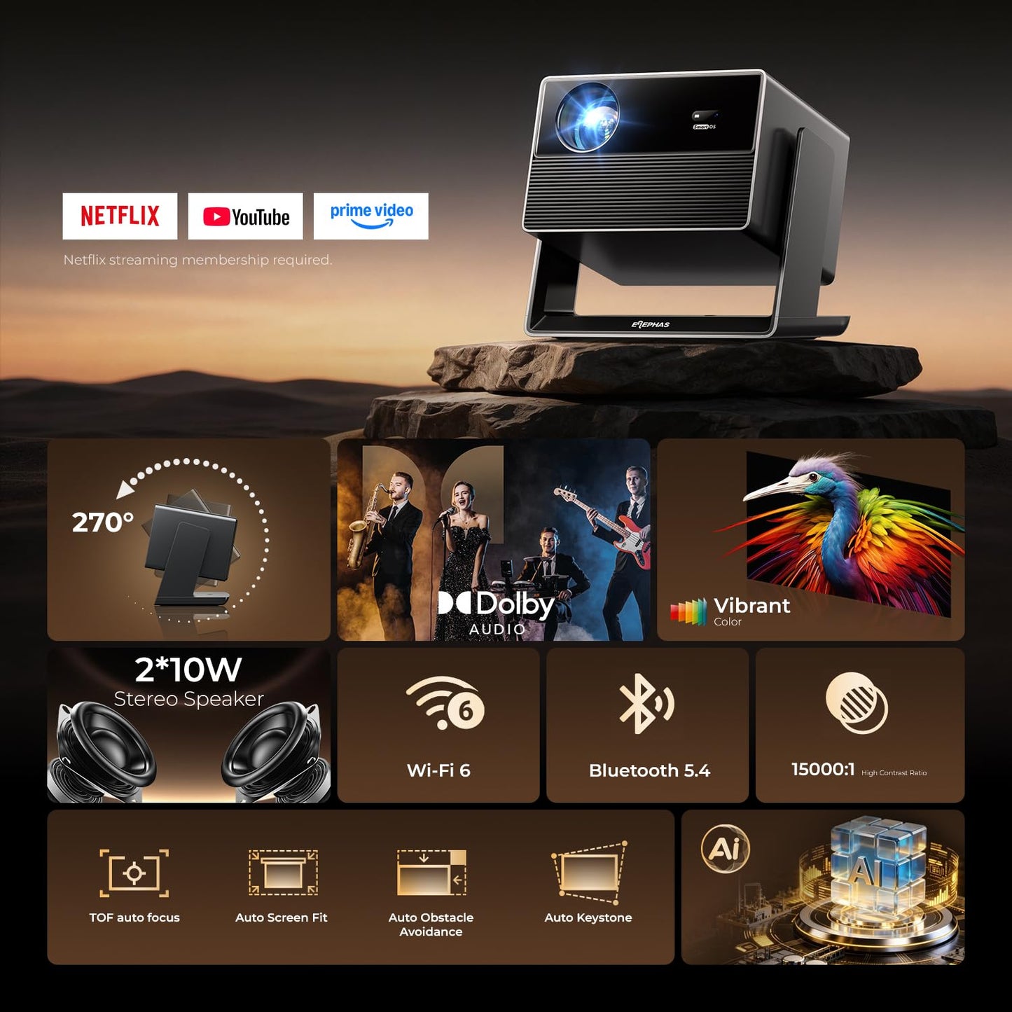 ELEPHAS Smart 4K Projector with WiFi and Bluetooth - Compatible with Netflix/Prime Video/YouTube, 270° Rotatable, AI Auto Focus & Keystone, Portable Home Theater Movie Projector for Indoor Outdoor