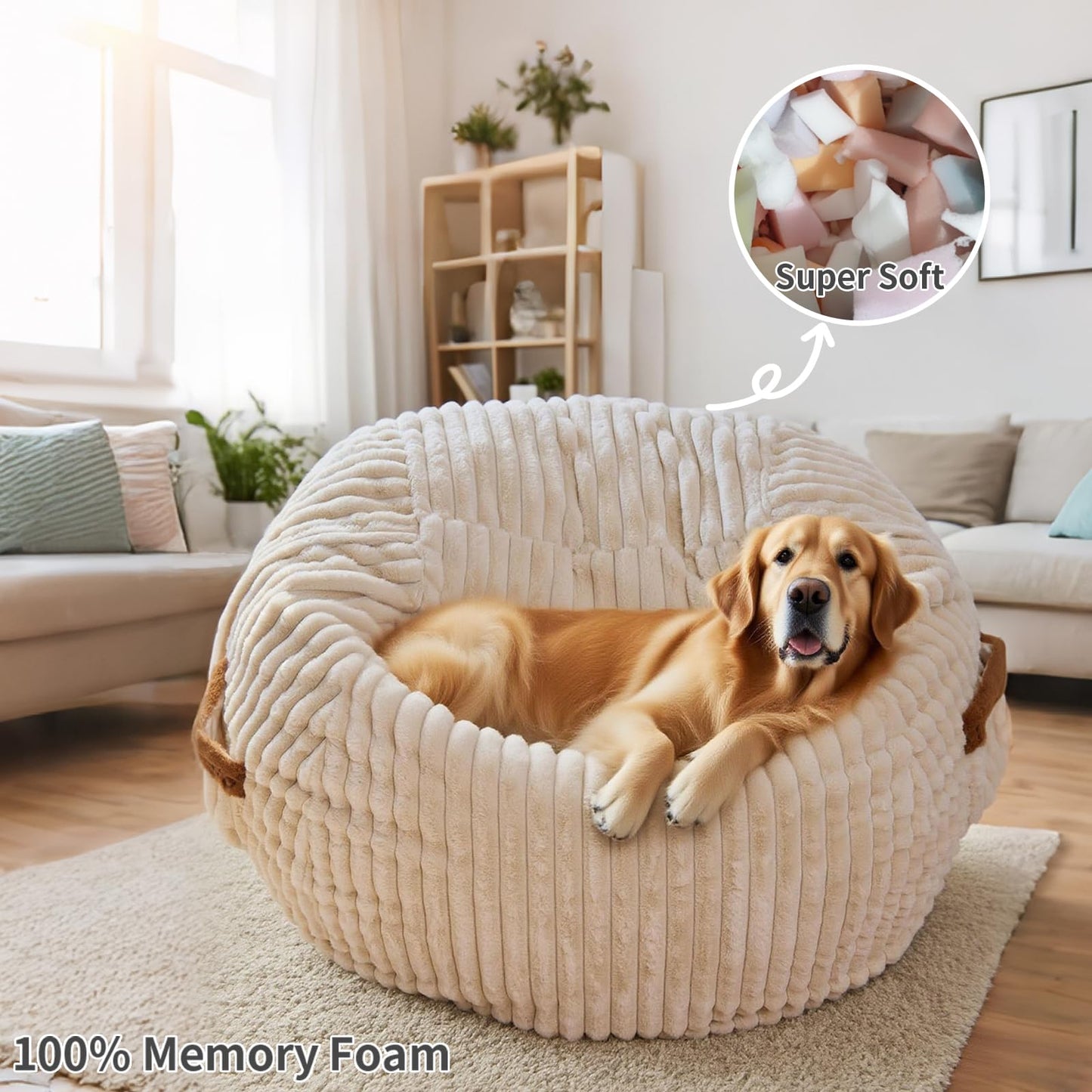 MinComfyWo 4ft Bean Bags Chair for Adults, Giant Beanbag Chair with Memory Foam Filled, Soft Comfy Large Bean Bag Couch Big Sofa Bed for Living Room Bedroom (Beige)