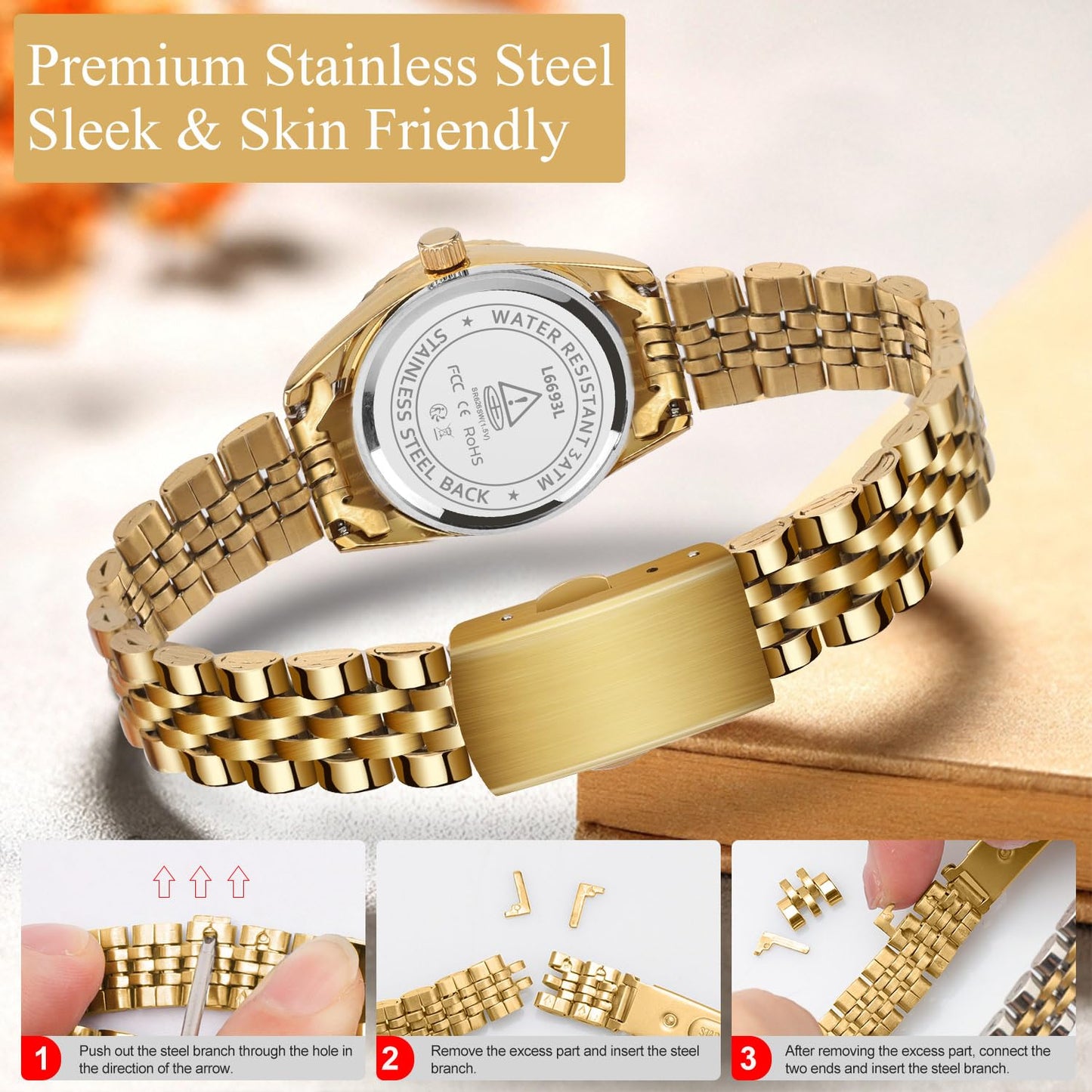 Timever Gold Womens Watch Set, 18K Gold Plated Bangle Bracelets Ring for Women, Dainty Ladies Wrist Waterproof Analog Watch with Luminous, Valentine Anniversary Birthday Gifts for Women