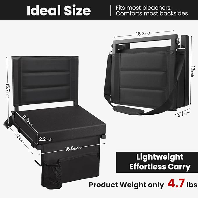GravGrow Stadium Seats with Back Support, Portable Bleacher Chairs with Back and Cushion, Thick Padded Bleacher Seat, Lightweight Folding Stadium Chair for Sports Events