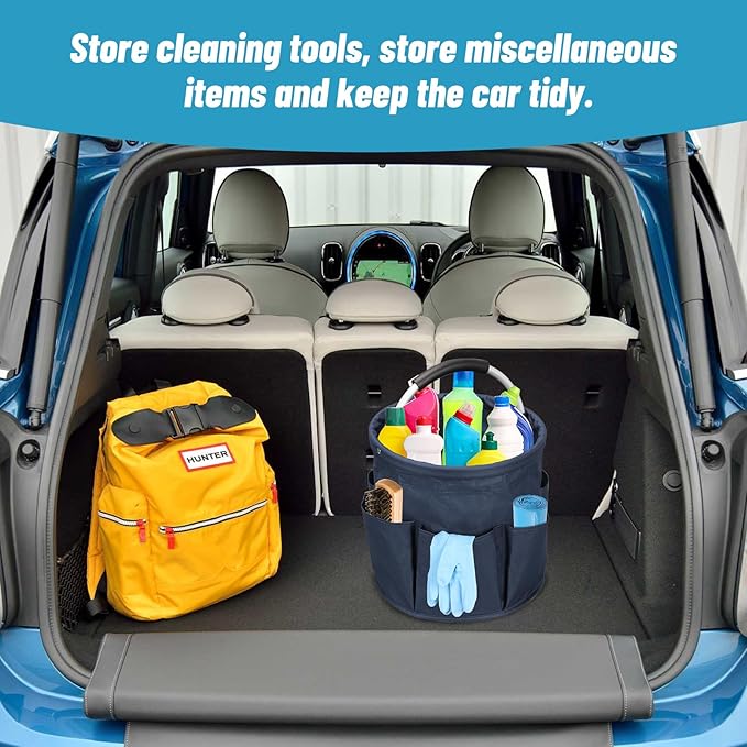 17L Cleaning Caddy with Handle,Foldable Tool Storage Basket,Garden Tool Organizer with 6 Pockets,Portable Cleaning Bucket Organiser for Storing Towels,Home Storage (Navy Blue)