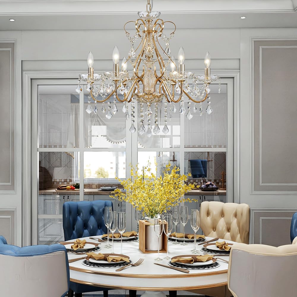 Saint Mossi 6 Light Crystal Chandelier Light Fixture Modern Chandelier Crystal Lighting, French Gold Crystal Raindrop Chandelier for Dining Room,Bedroom,Living Room, H23 x D24