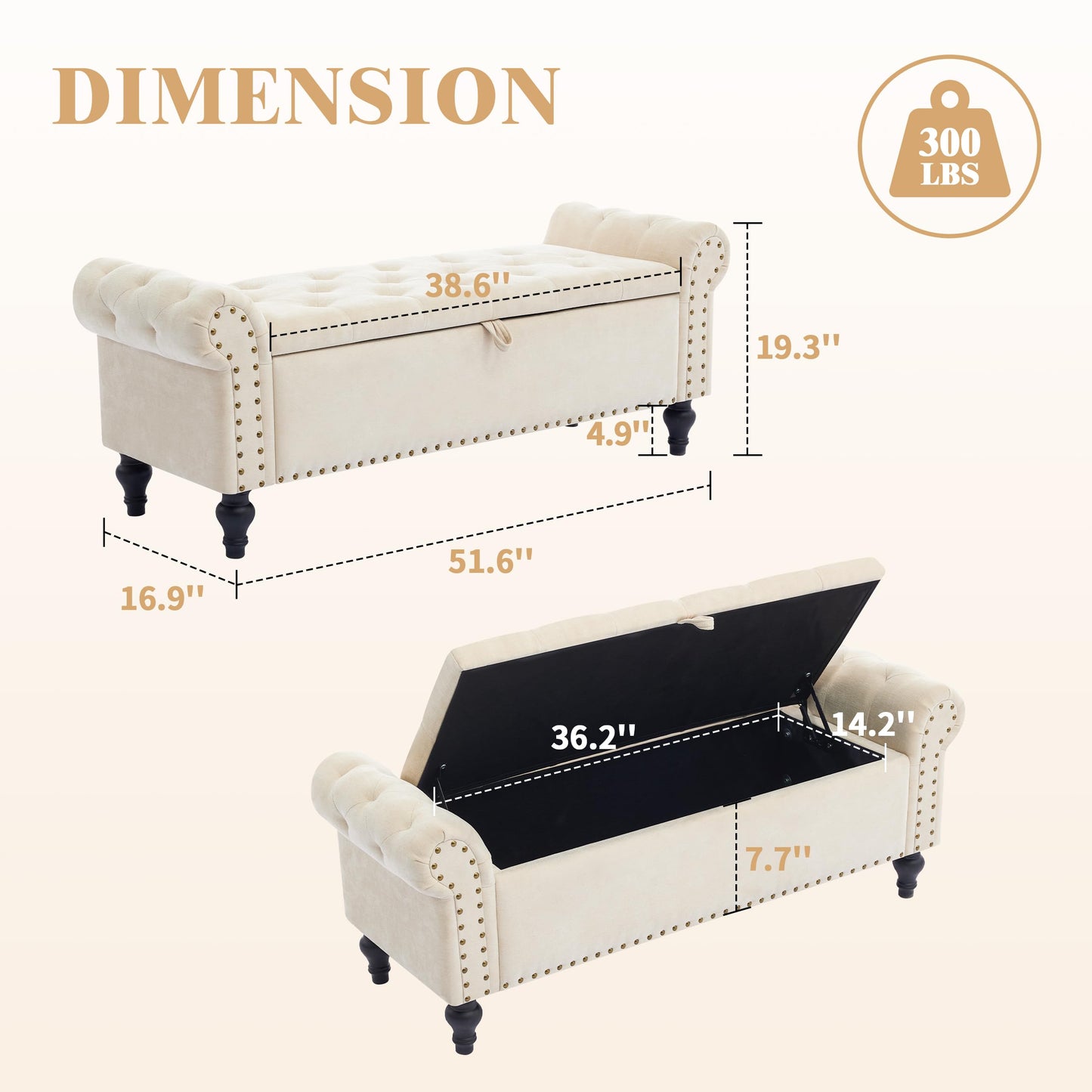 Howjoe 51" Bedroom Storage Bench, End of Bed Bench, Chenille Upholstered Benches, Ottoman with Storage, Window Benches with Rolled Arm and Nailhead Trim for Living Room, Entryway, Beige
