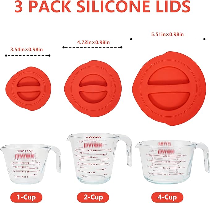 Silicone Replacement Lids 3-Pack for Pyrex 1/2/3 Cup and Measuring Cups, Reusable, Microwave Safe, Airtight Food Storage Cover