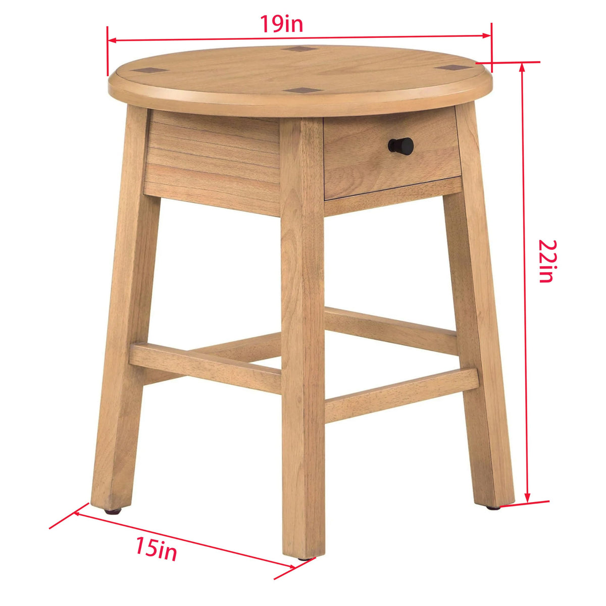 Set of 2 Solid Rubberwood Round Side Tables with Drawer, Natural Oak Painted Finish Sofa End Tables & Nightstands for Living Room, Bedroom