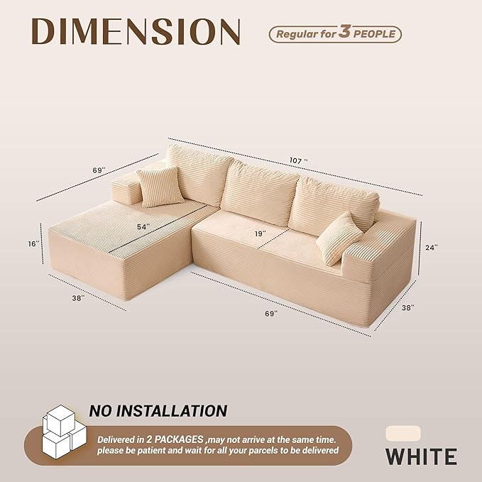 Afuson 107" Boneless Couch with Deep Seat, Modular Sectional Sofa, Cloud Sectional Couch for Living Room, No Assembly Required, Corduroy, L-Shape Left, White