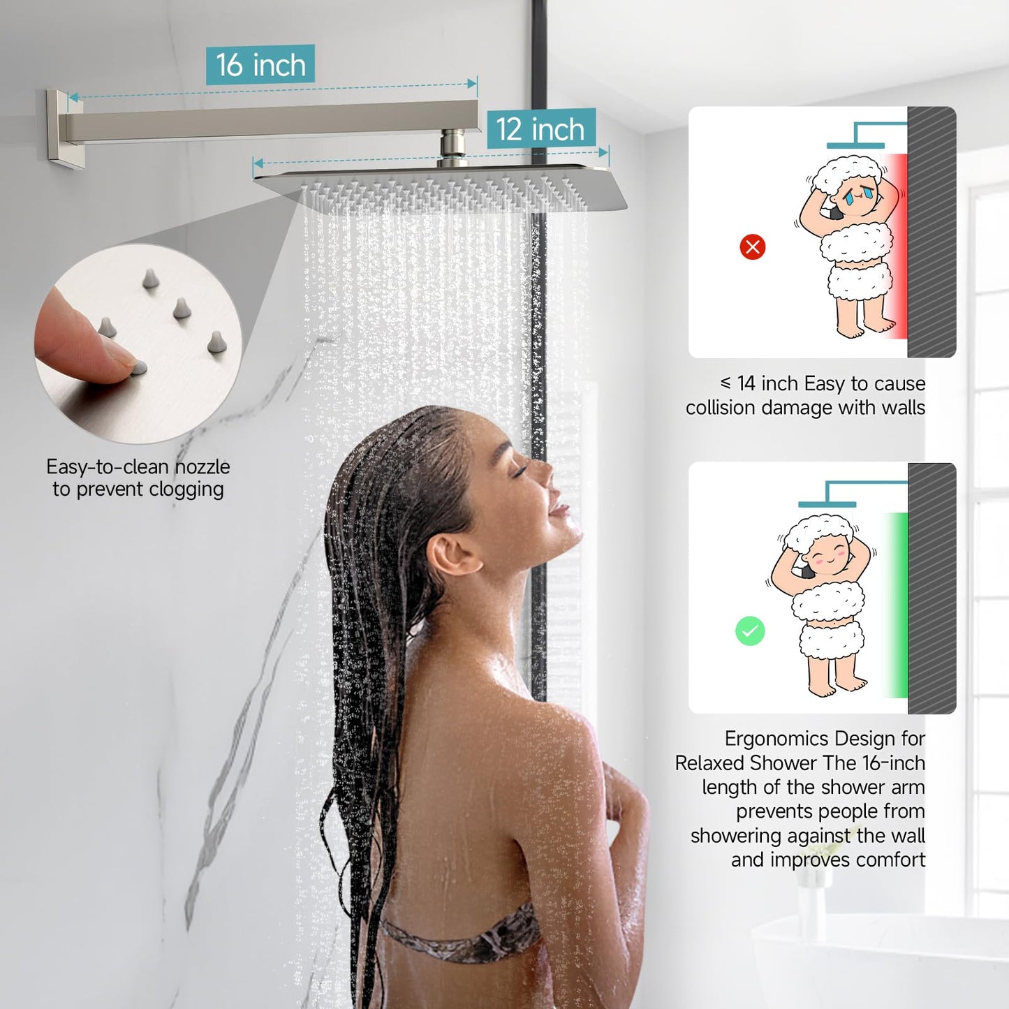 SR SUN RISE Shower System with Push Button Diverter, Wall Mounted Luxury 12 Inch Rain Shower Head with Handheld Spray, High Pressure Shower Faucet Combo Set with Rough-in Valve, Brushed Nickel