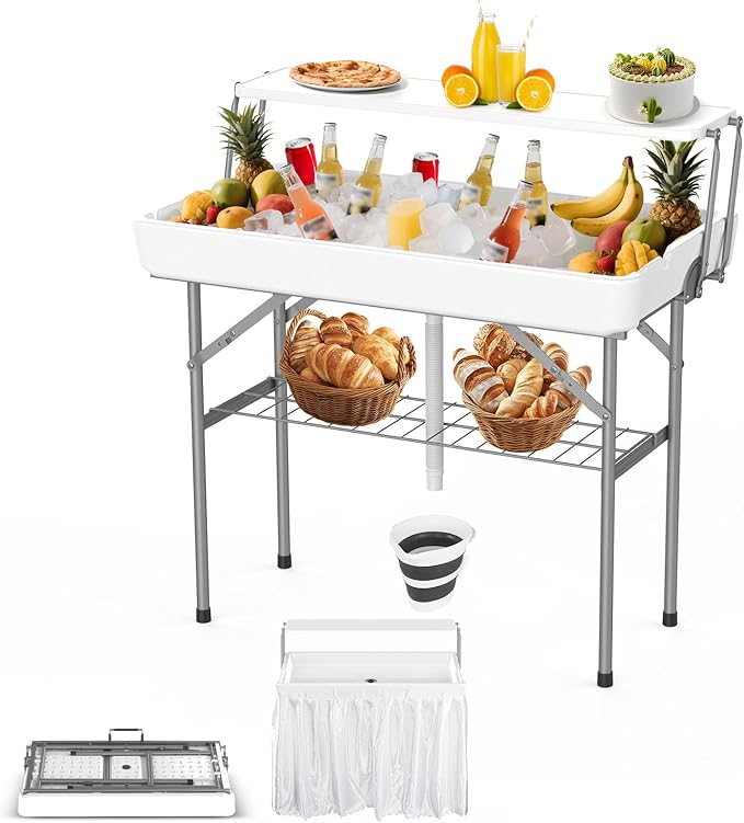 HLPB 4 FT Party Ice Cooler Folding Table with Folding Board, Outdoor ice Table with Skirt & Drain & Folded Buckets & Barbe...