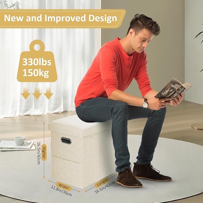 Emosoon Tall Ottoman with Storage Collapsible Fabric Small Slim Folding Ottoman Furniture with Handles Lid for Room Footrest Foot Stool Linen Beige 16.5x16.5x11.8in