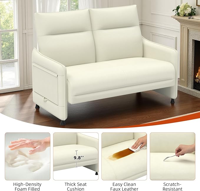Tbillionnext Faux Leather Loveseat, Upholstered Loveseat with Hidden Foldable Tray & Side Pocket, Rear Contour Arm Design, Modern 2-Seater Sofa Couch for Small Spaces, Bedroom, Beige