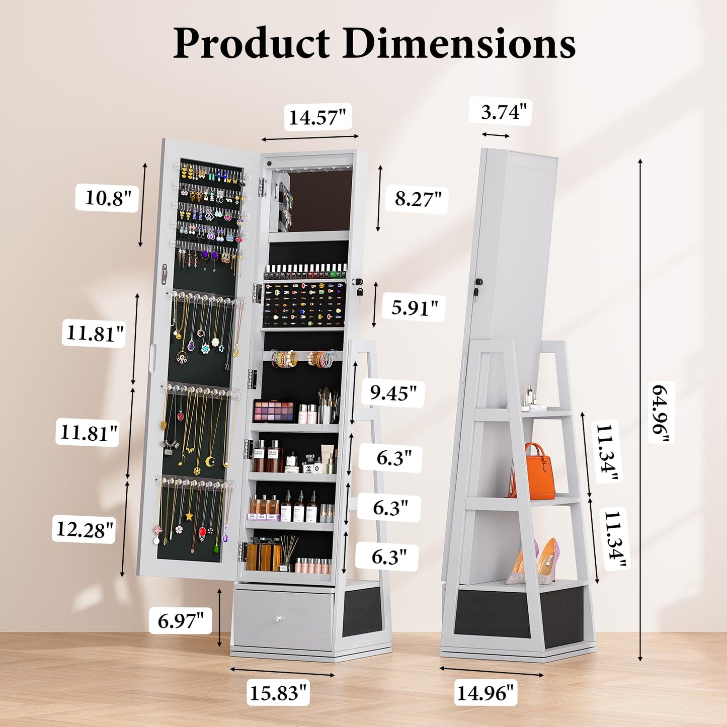 FAVSH Jewelry Cabinet with Drawer, 5-In-1 Standing Jewelry Armoire with LED Lights, 360° Swivel Jewelry Organizer with Full Length Mirror, White