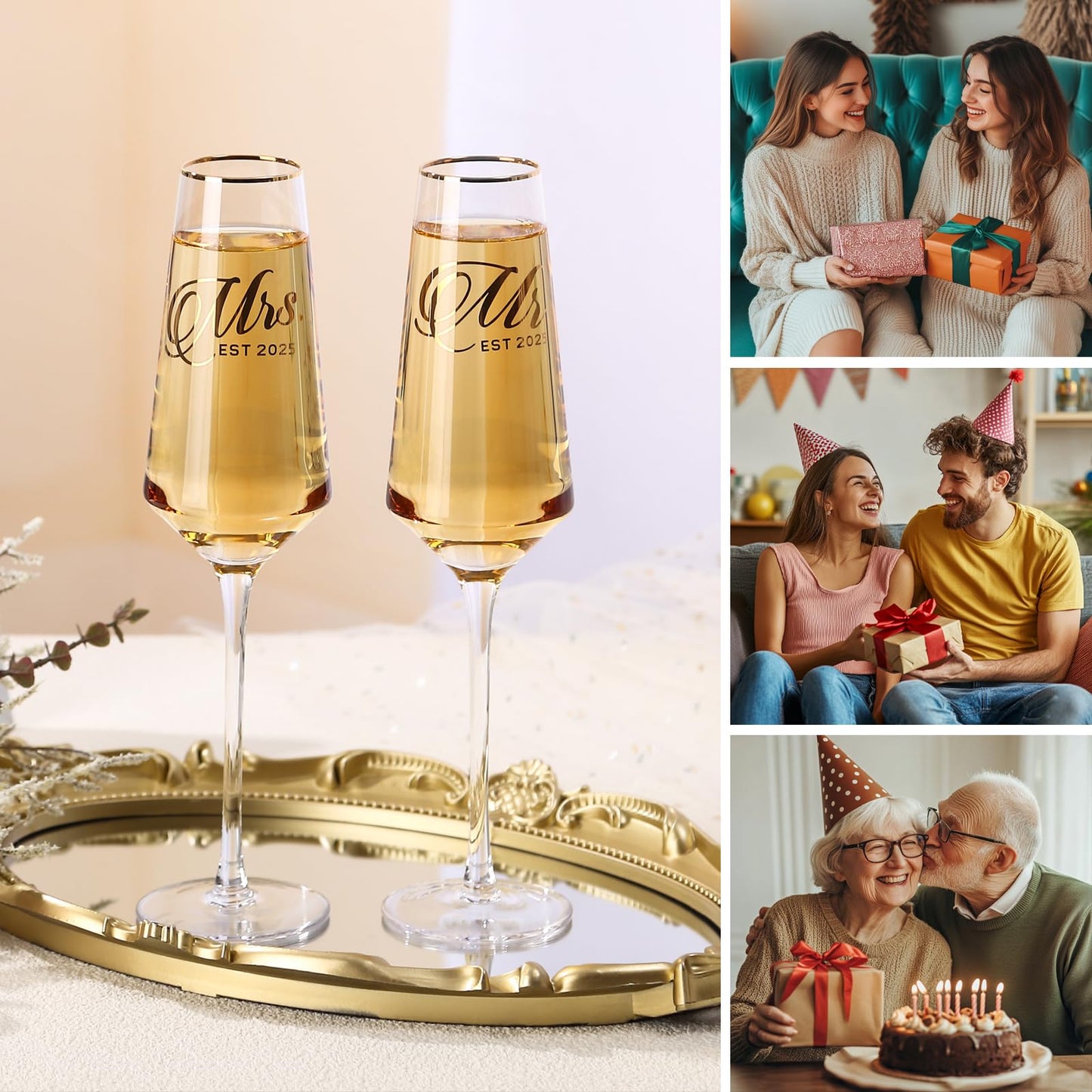 comfit Mr and Mrs Champagne Glasses Set of 2, Long Stem Wedding Champagne Flutes 2025, Bride and Groom Toasting Crystal Glass Set,Engagement Gifts for Couples, Newlyweds, Anniversary,8.5oz