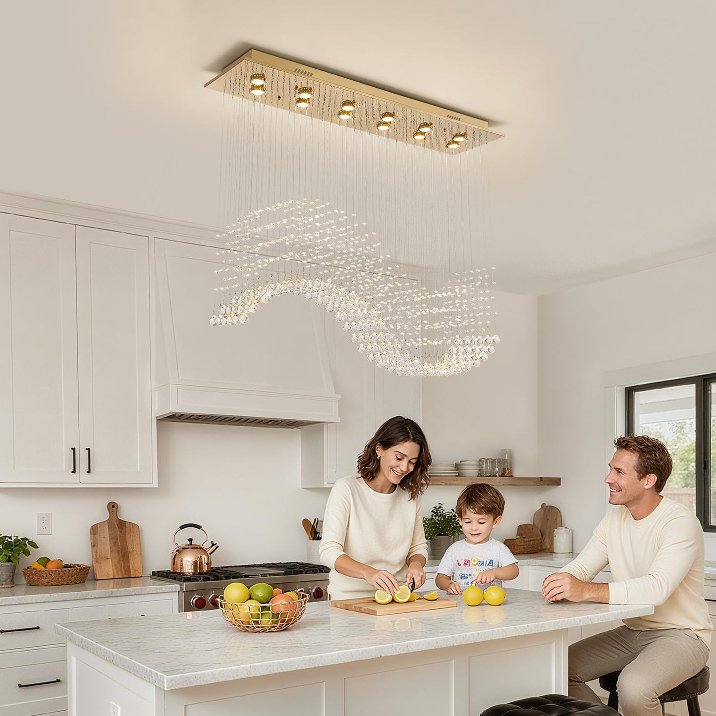 Siljoy 12-Lights Modern Crystal Chandeliers, Luxury Wave Raindrop Crystal Pedant Light Fixture, Rectangular Flush Mount Ceiling Light for Dining Room Living Room Kitchen Island 47 Inch