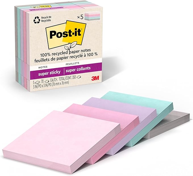 Post-it 100% Recycled Paper Super Sticky Notes, 3 in. x 3 in., 5 Pads, 70 Sheets per Pad, Wanderlust Pastels, New Year Org...