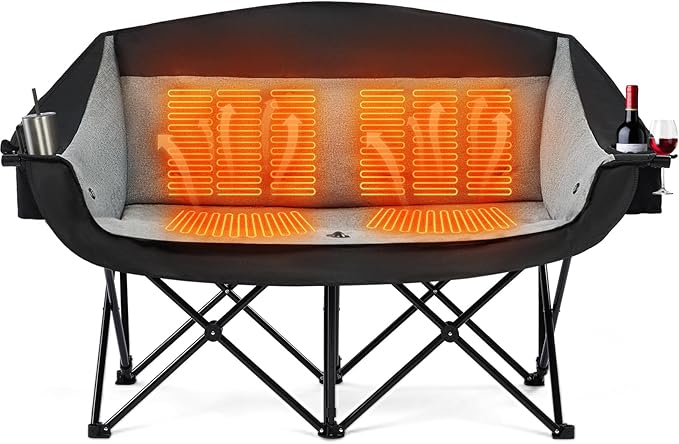 apollo walker Heated Double Camping Chair - Extra Wide Heavy Duty 600lbs Camping Couch with Adjustable Heating, Dual Cup Holder & Carry Bag, Loveseat Camping Chair for Outdoor, Lawn, Park