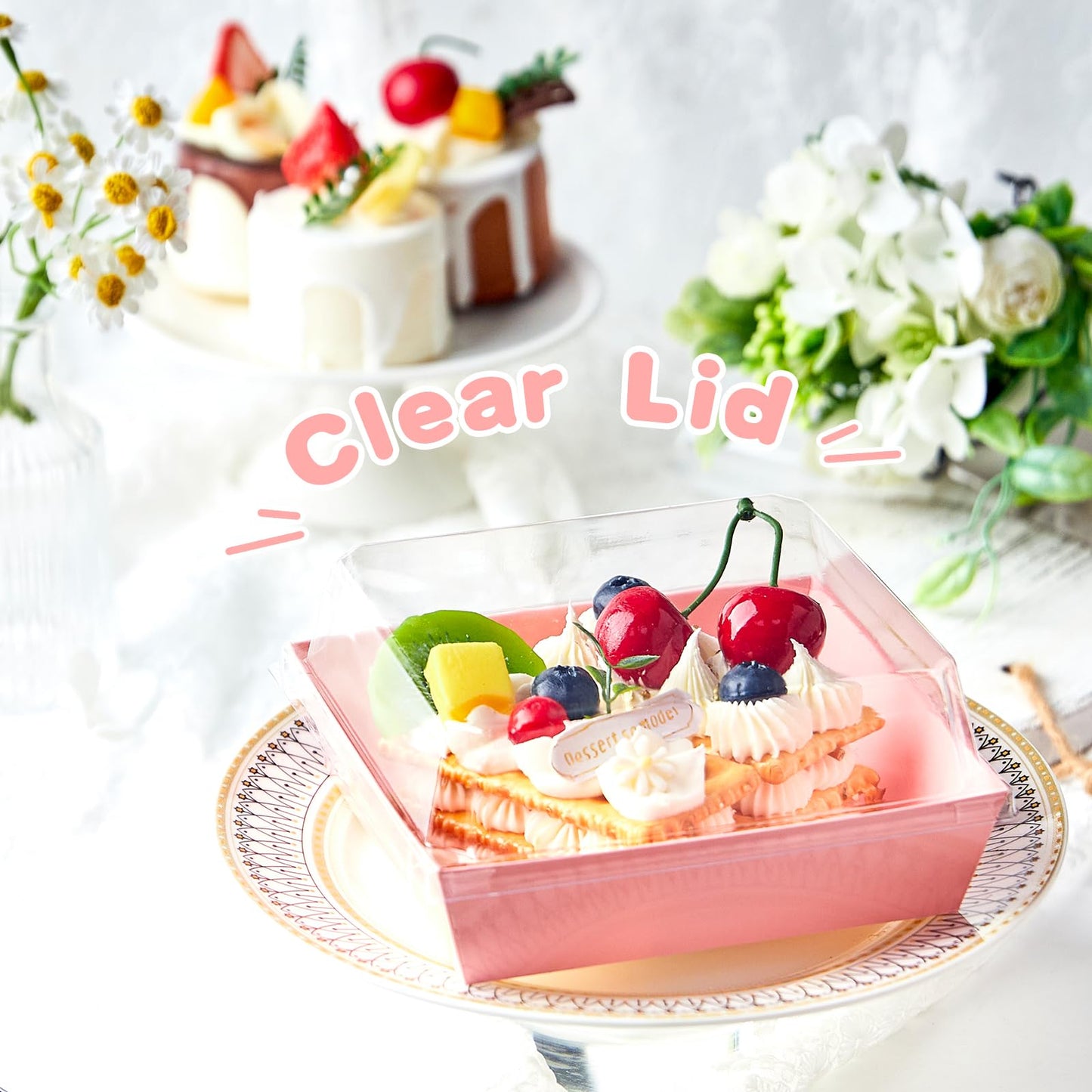 Kucoele 20 Pack Small Charcuterie Boxes with Clear Lids, To Go Paper Dessert Boxes Bakery Boxes, 5 Inches Disposable Food Containers for Cookies, Cupcakes, Slice Cakes, Strawberries (Pink)