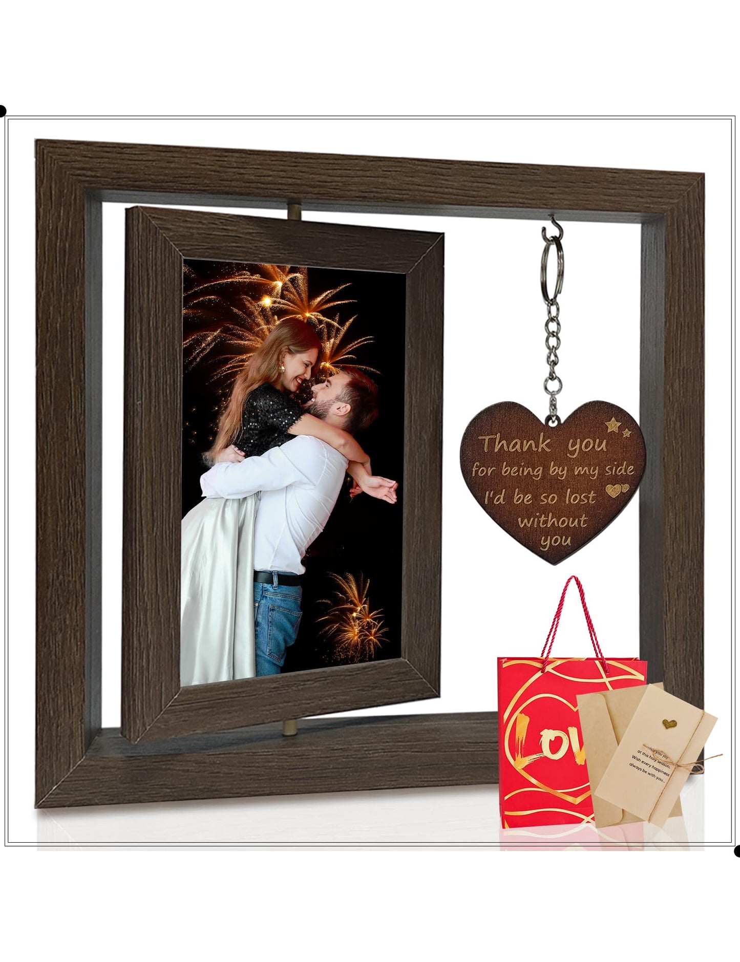 Kinonlus Rotating Photo Frame 4x6 Inch Double-Sided Display for Couples & Parents Gift for Anniversary, Wedding or Family Anniversary Memorial Valentines Thanksgiving Keepsake Decor