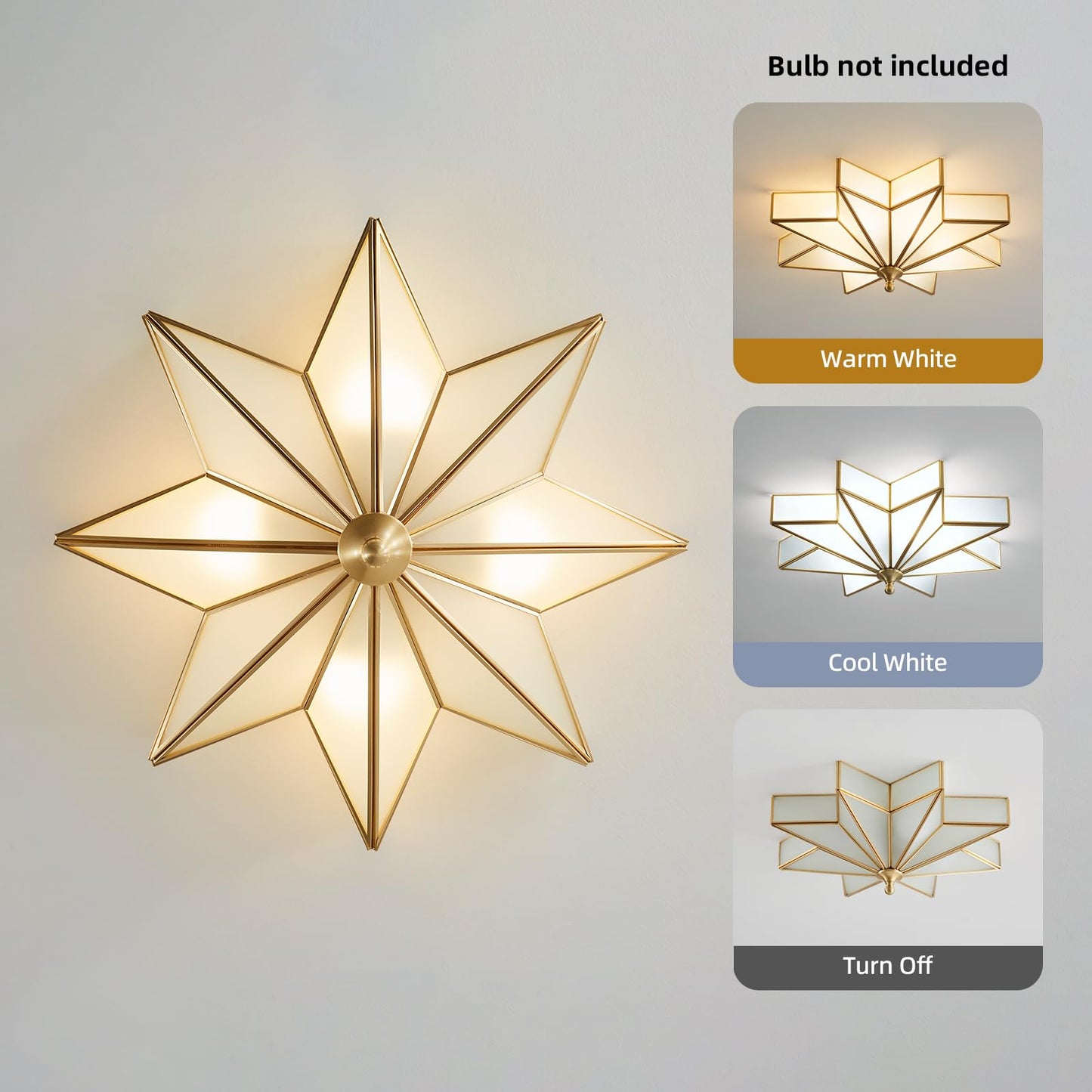 Gold Star Flush Ceiling Light - 19.5 Inch Brass Glass Large Mount Fixture - Art Deco Mid Century Vintage Modern Moravian Lighting Lights for Bedroom Dining Kitchen Foyer Farmhouse Living Room Fixtures