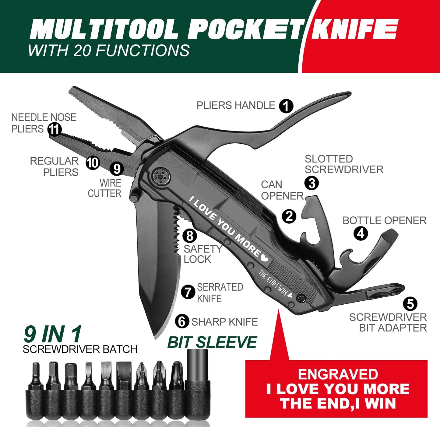 Valentines Ideal Gifts for Him Husband - Mens Valentines Gifts, Valentines Gifts for Him Husband Boyfriend - “I Love You More” Anniversary Birthday Gifts for Husband Him, 20 in 1 Multitool Knife