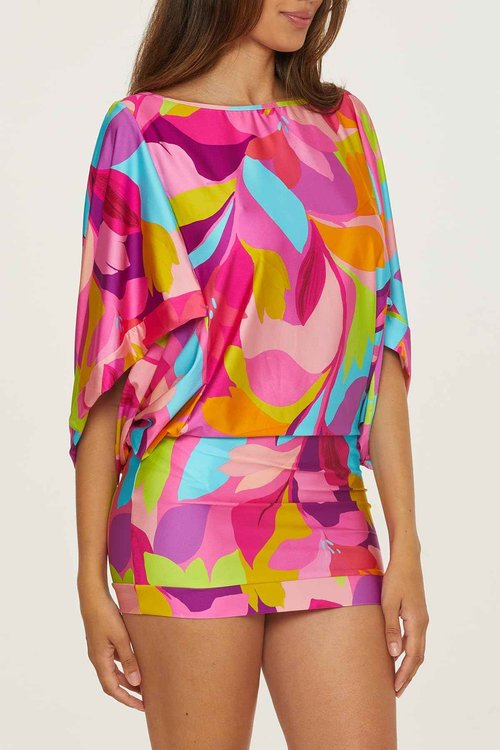 Trina Turk Women's Standard Lilleth Swim Dress, Casual, Boat Neck, Floral Print, Beach Cover Ups, Multicolor