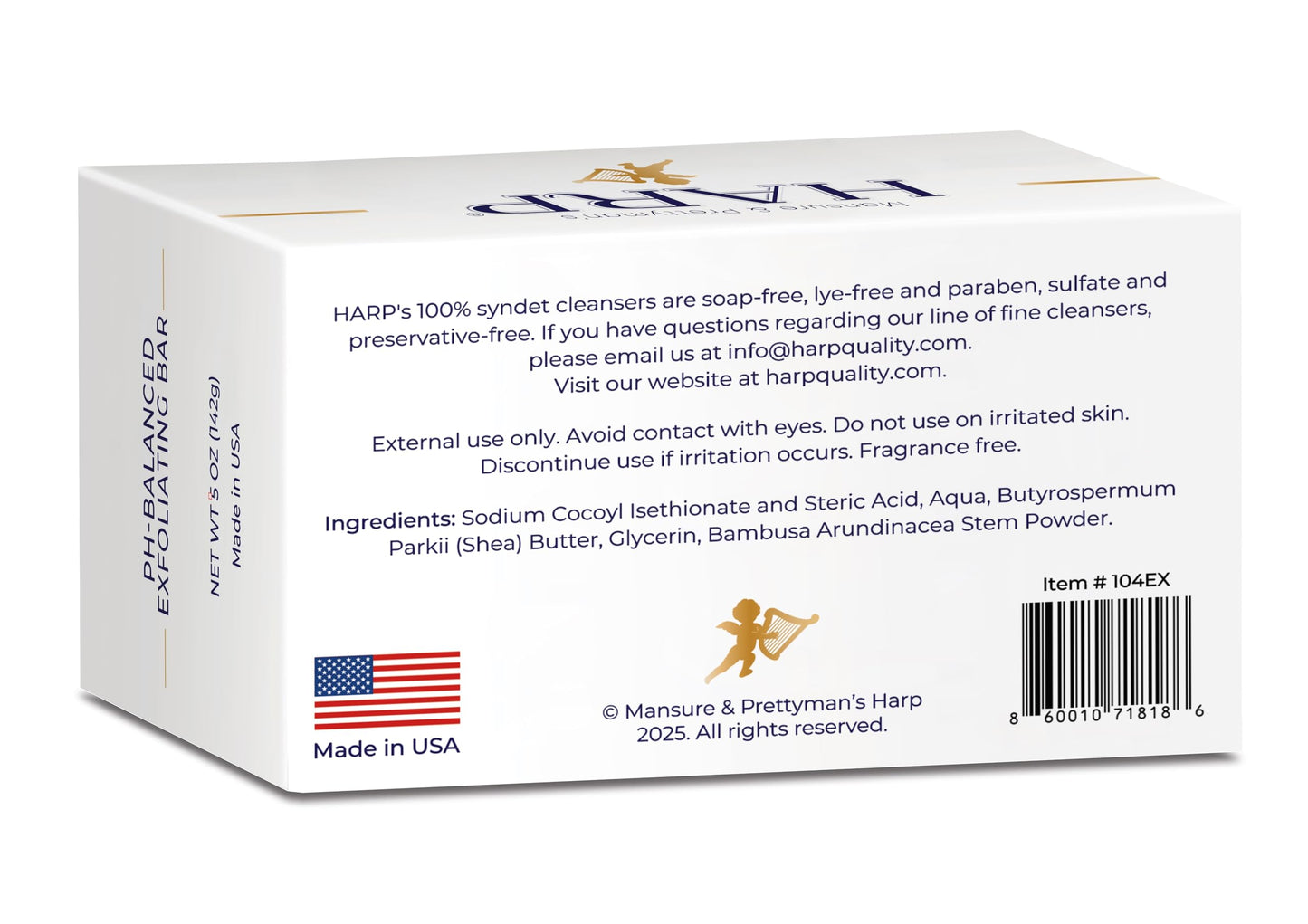 HARP pH-Balanced (5.0-6.0) Exfoliating Body Wash Bar - FRAGRANCE FREE. Bamboo Powder Exfoliation -the perfect consistency. Soap/