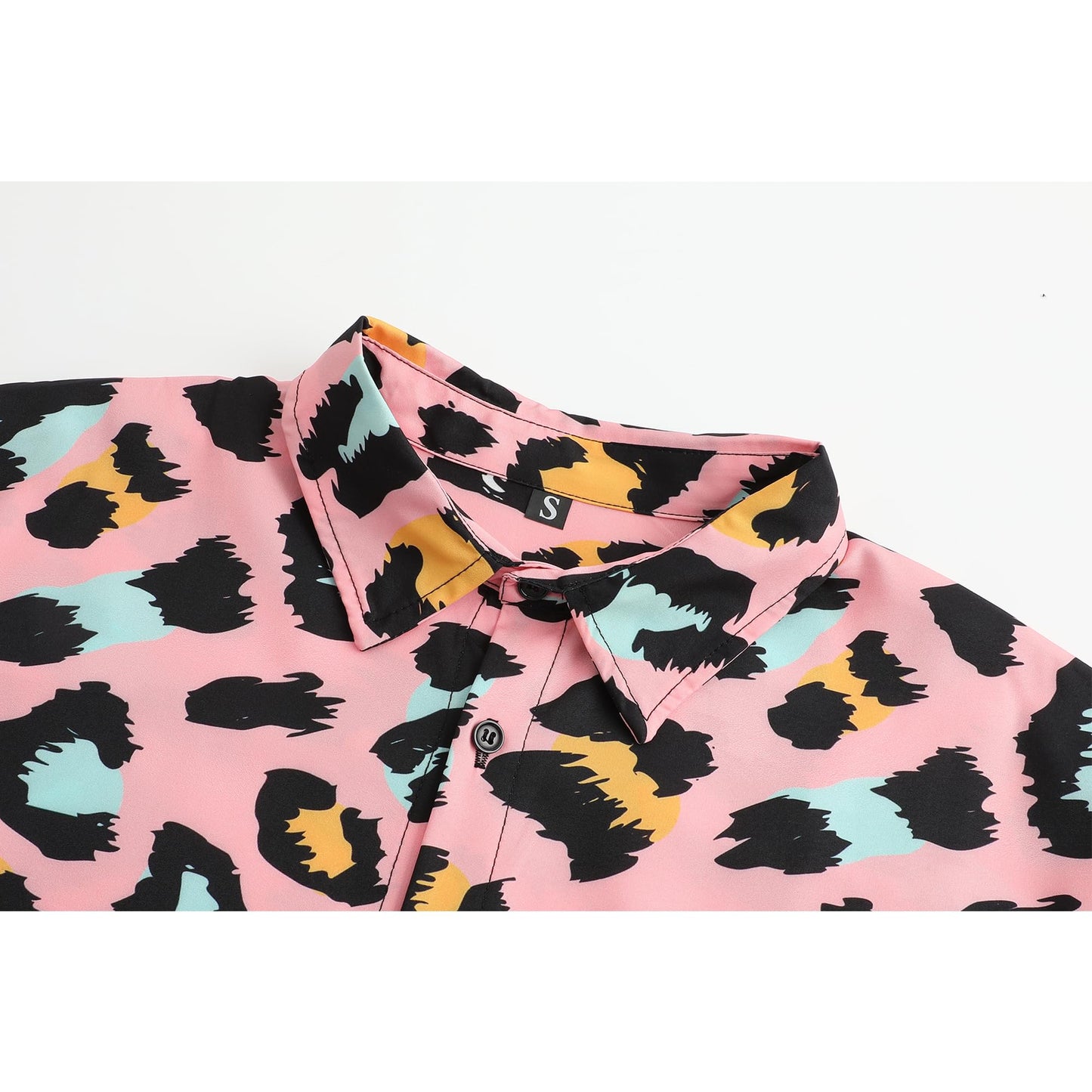 Spanoous Men's 2 Piece Tracksuits Rave Outfit Pink Leopard Print Shirt and Shorts Set with Bucket Hats 02-S