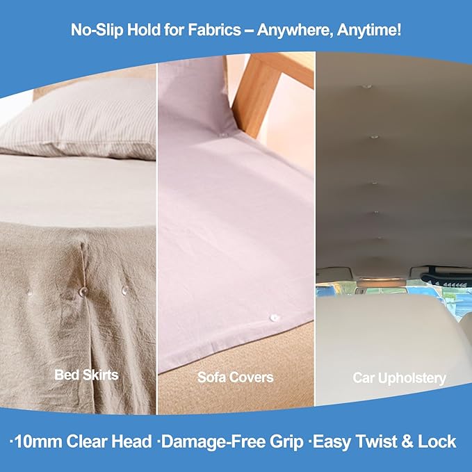 100Pcs Bed Skirt Pins, 10mm Clear Head Twist Pins for Sofa Covers, Upholstery, & Fabric – No-Slip Furniture Fasteners for Sheets, Car Interiors, Garage Insulation