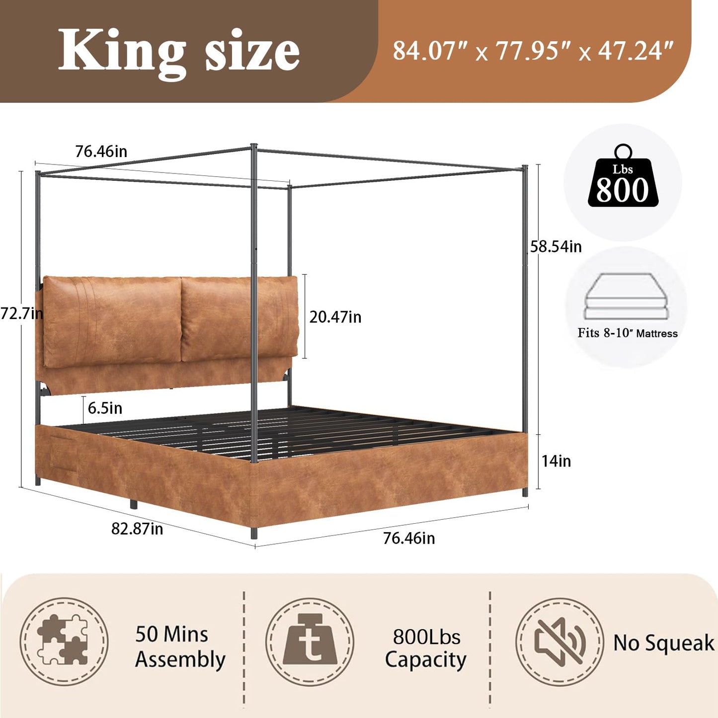 SAMTRA Modern Canopy Bed Frame with Upholstered Faux Leather Headboard – Tall Four Poster Metal Platform Bed, No Box Spring Needed, King Size, Brown and Black