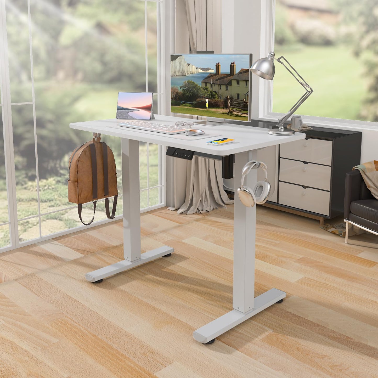 Kingant Standing Desk Height Adjustable Small Electric Stand Up Desks [35 x 20 Inch] - Ergonomic Sit Stand Desk Rising Desks for Home Office Computer Desk Stand Desk Workstation with Cable Management