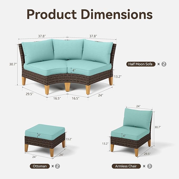 GREEN PARTY 9 Pieces Wicker Patio Furniture Set, All-Weather Outdoor Rattan Half-Moon Curved Patio Sectional Sofa Conversation Set with 4" Thick Cushions for Garden, Backyard, 2 x Ottomans (Blue)