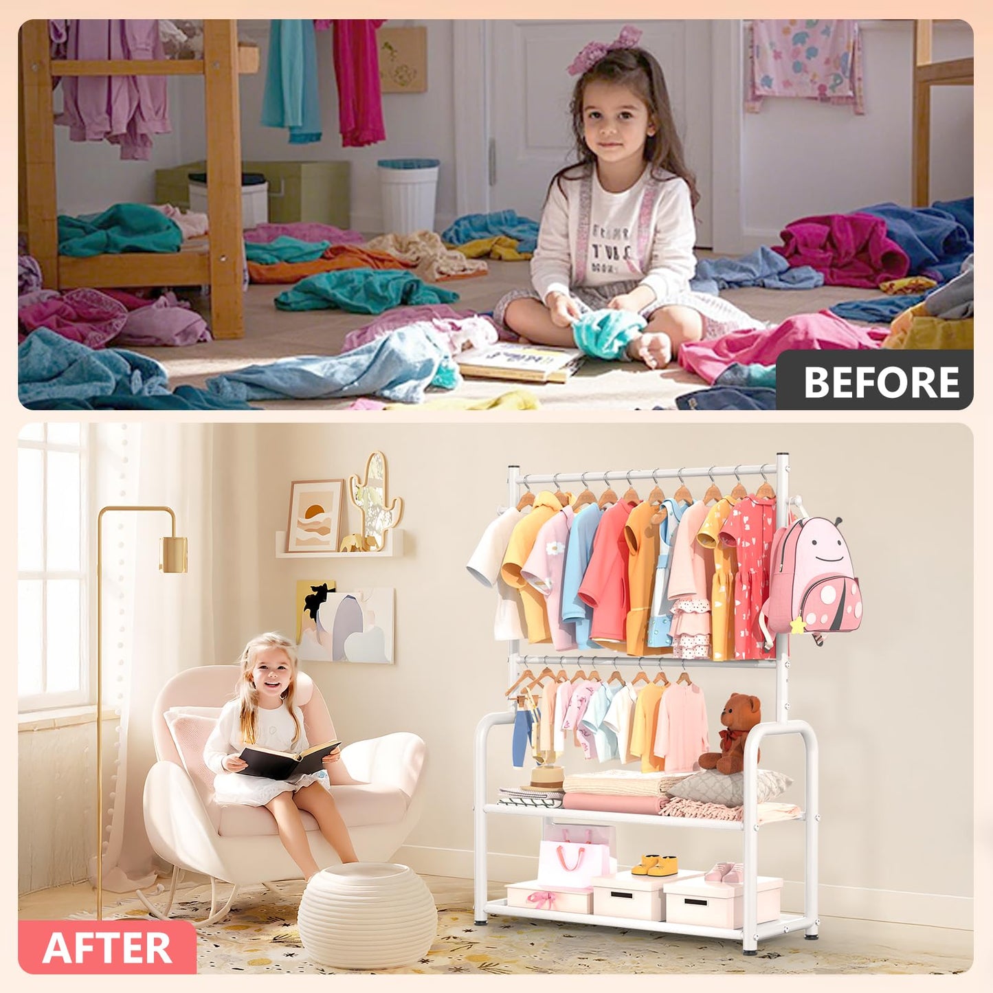 ZHKINGGS Kids Clothing Rack with 2-Layer Storage Shelf and 2 Adjustable Hanging Rods, Small Baby Closet Organizer for Hanging Clothes, Kids Dress Up Rack for Child (Classic, White)
