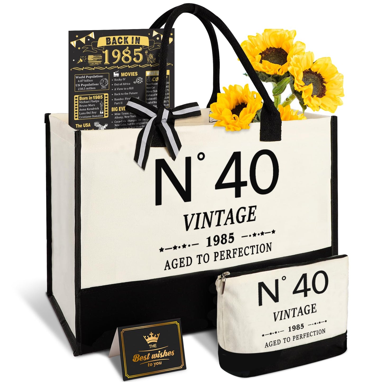 40th Birthday Gifts for Women Canvas Tote Bag Travel Gear, Unique 40 Years Old Birthday Gifts for Her Mom Wife Aunt Friends, Vintage N40 Handbag & Cosmetic Bag & Back in 1985 Poster