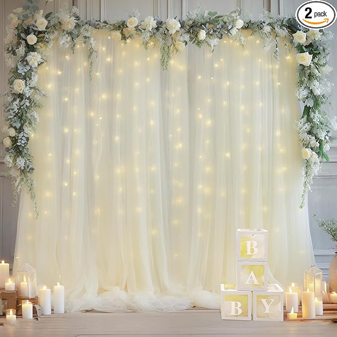 10×10ft Cream White Tulle Backdrop Curtain with Lights String for Parites, Sheer Photo Curtain Backdrop Drapes for Wedding...